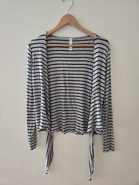Jolie Striped Open-Front waterfall light Cardigan - gray and navy